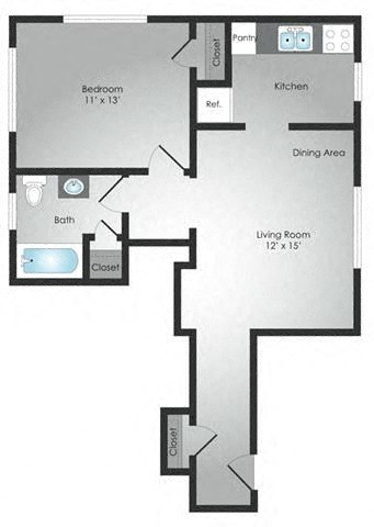 Floor plan for 1 bed, 1 bath, 637 sqft